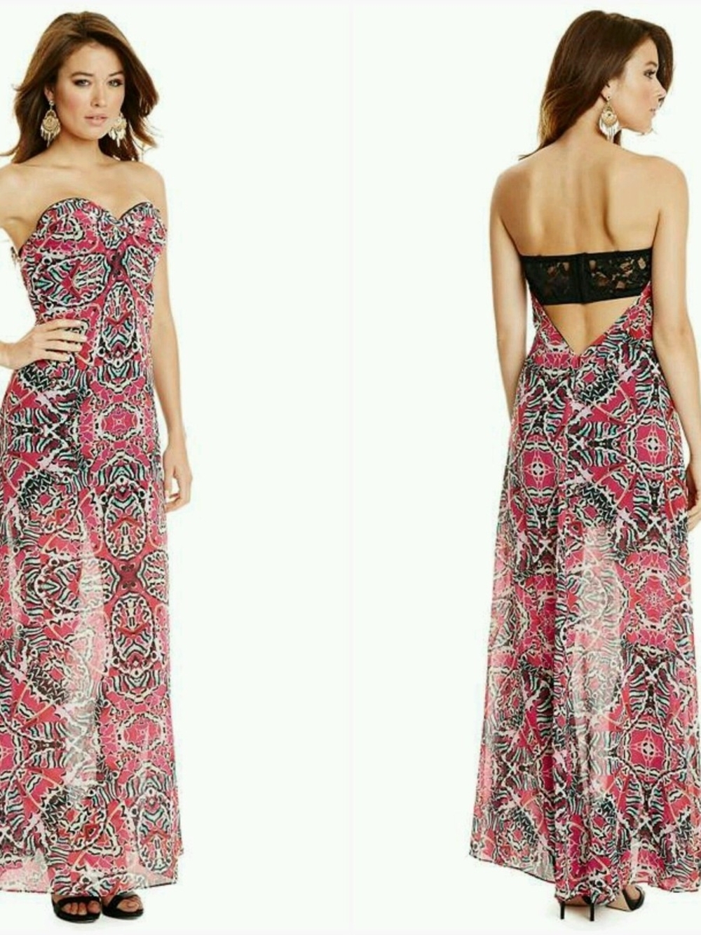 GUESS by Marciano Strapless Pink Black Butterfly Maxi Dress
